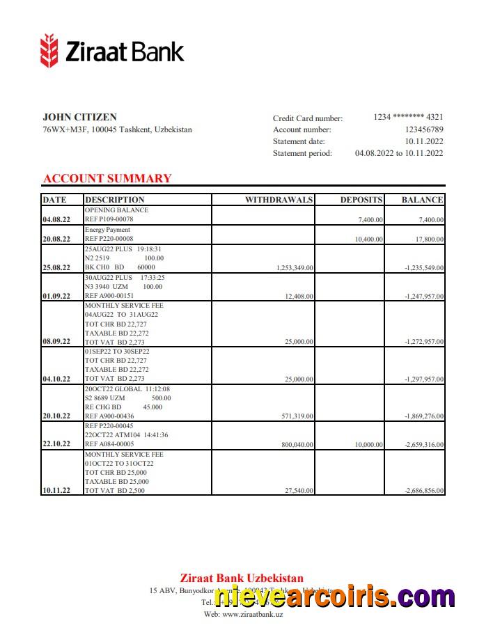 Uzbekistan Ziraat Bank statement